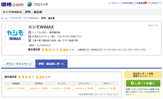カシモWiMAXの価格.com評価