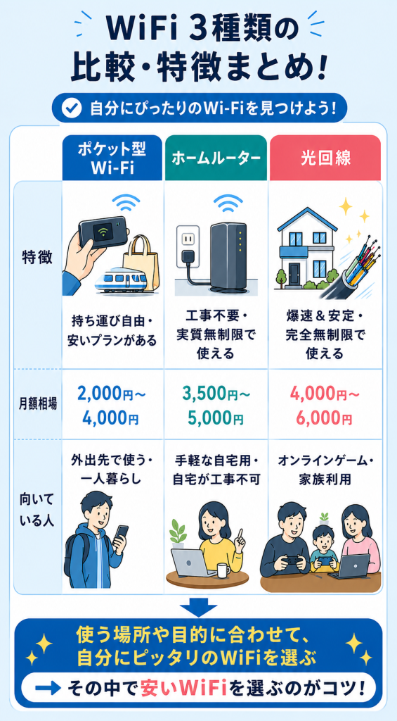 WiFi3種類の比較・特徴まとめ